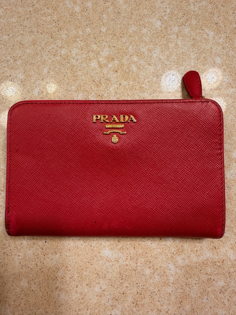 Prada Red Saffiano Zip Wallet with Gold Logo